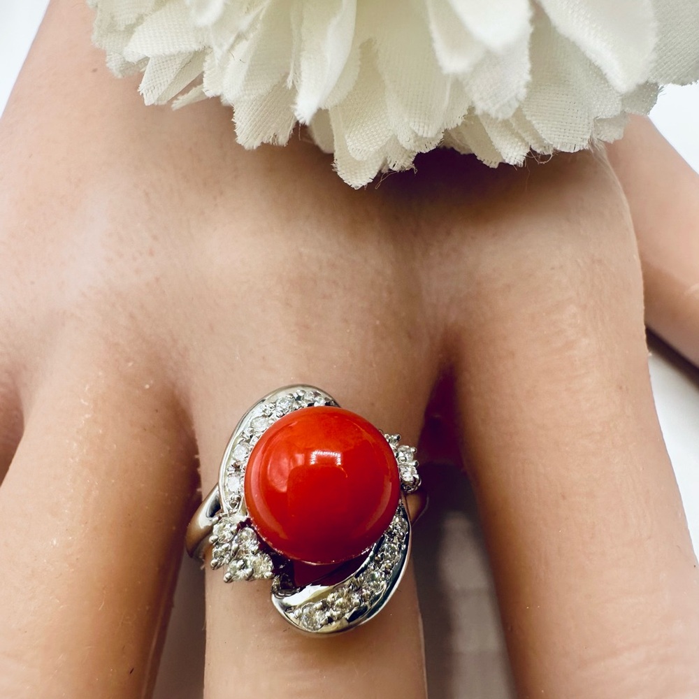 Natural red coral ring with real natural diamonds in platinum settings